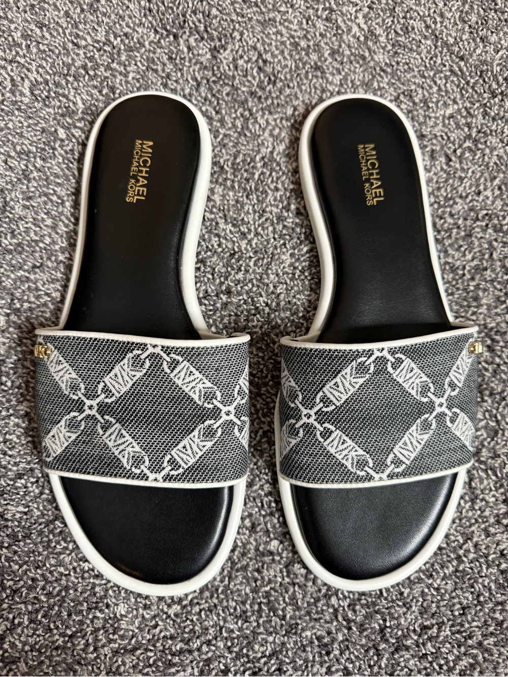 Michael Kors Saylor Empire Logo Embroidered Jacquard Slide Sandals size 7.5